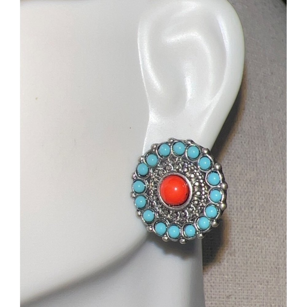 Southwestern Turquoise And Coral Button Earrings